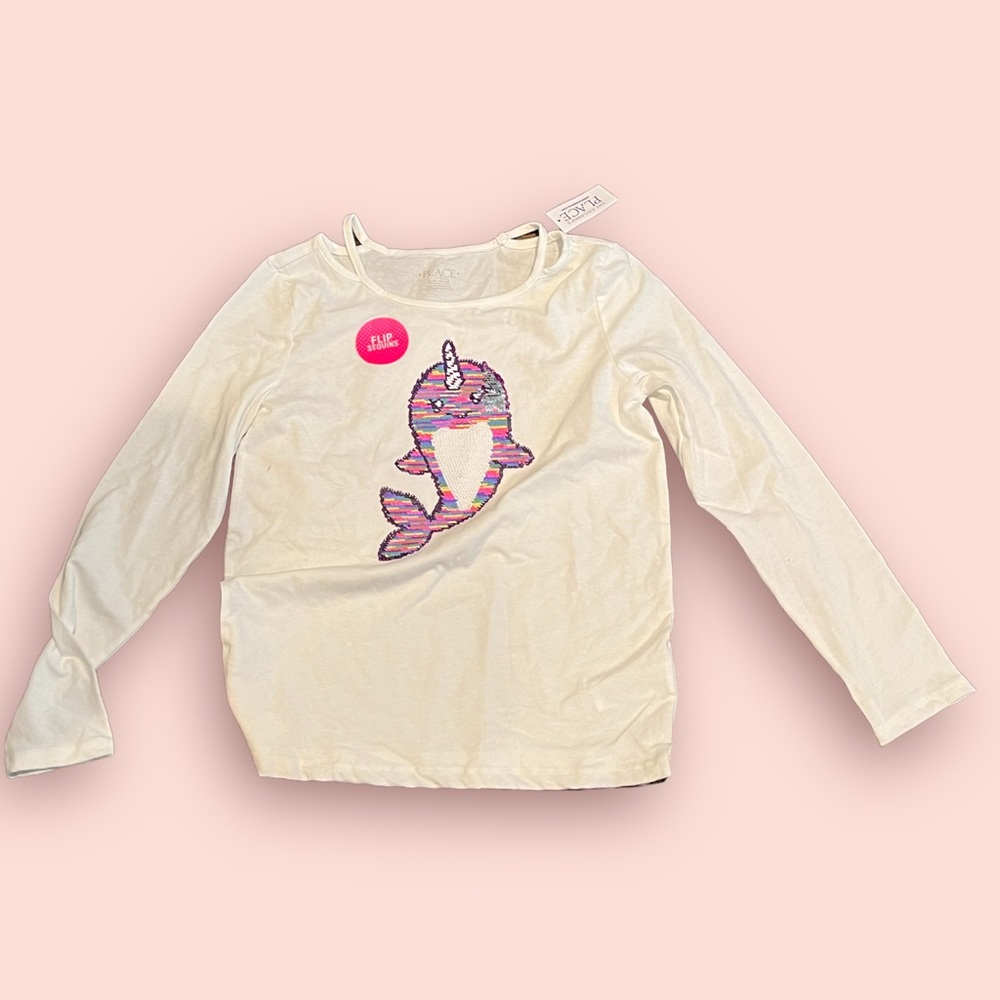 ⭐️ NWT - Children's Place Girls Cold Shoulder Narwal Flippy Shirt Size L (10/12)